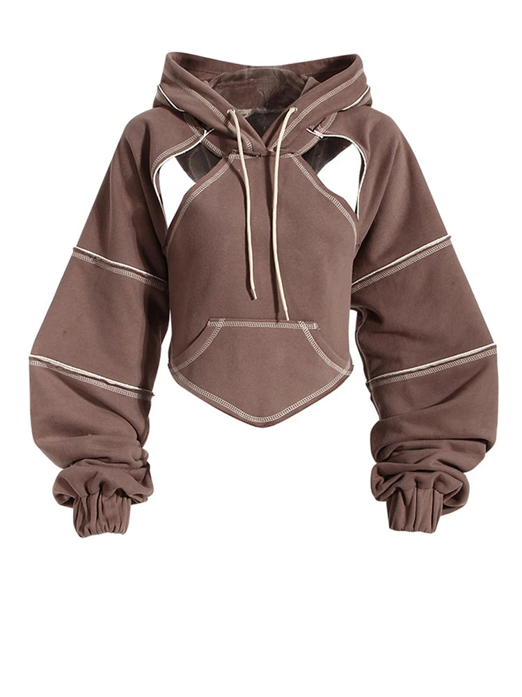 Brown Back Bow Irregular Cut-out Sweatshirt New Hooded Long Sleeve Women Big Size Fashion Tide Spring Autumn 2025 1DF1820