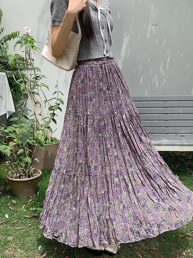 Women Purple Flower Elastic High Waist A-line Pleated Long Skirt Spring Summer New Beach Skirt Fashion Versatile Trendy Bohemian