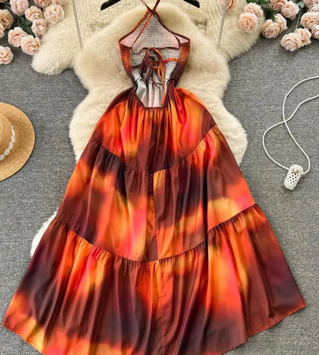 Orange Colorblock Halter Lace-up Backless Pleated Long Dresses Woman Elegant Holiday Sexy Club Party Dress Summer Fashion French