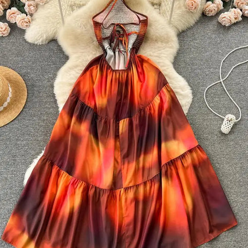 Load image into Gallery viewer, Orange Colorblock Halter Lace-up Backless Pleated Long Dresses Woman Elegant Holiday Sexy Club Party Dress Summer Fashion French
