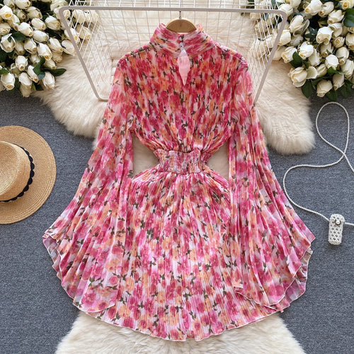 Load image into Gallery viewer, French Women Elegant Floral Print Half High Collar Slim Midi Dress 2023 Autumn Flared Long Sleeve Fashion Vacation Pleated Dress
