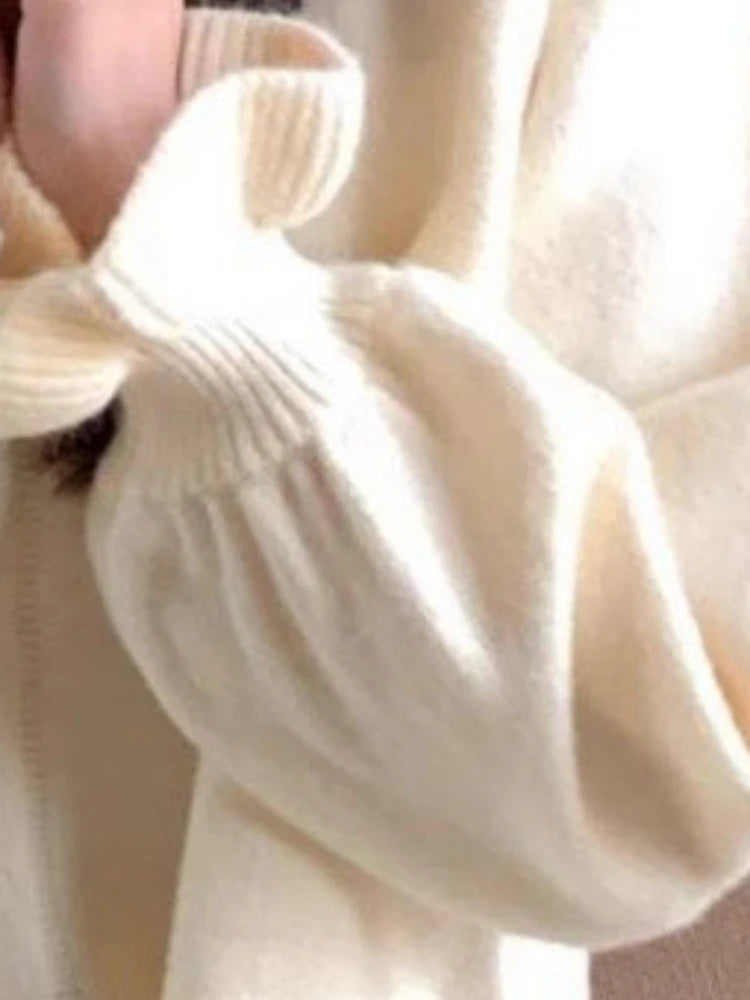 Sweet Ruffled Collar Solid Sweater Women Y2k Aesthetic Winter Loose Irregular Tops Harajuku Fairy Flare Sleeve Knitwear Jumper