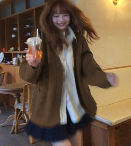 Autumn Sweet Y2k Aesthetic Casual Knitted Cardigans 2025 Grunge Gentle Solid All Match Tops Harajuku Loose V Neck Sweater Women