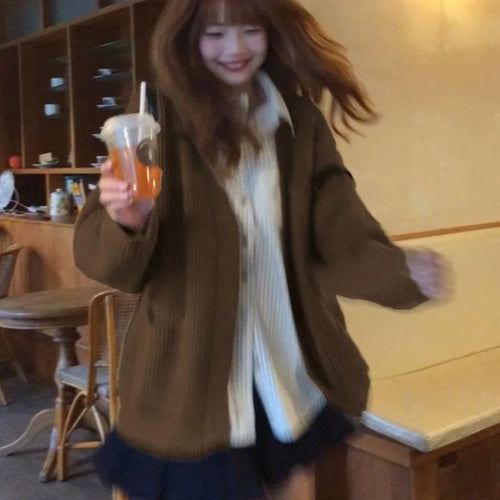 Load image into Gallery viewer, Autumn Sweet Y2k Aesthetic Casual Knitted Cardigans 2025 Grunge Gentle Solid All Match Tops Harajuku Loose V Neck Sweater Women
