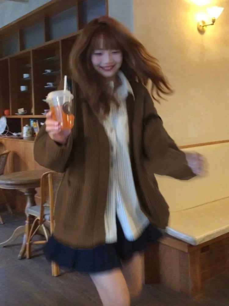 Autumn Sweet Y2k Aesthetic Casual Knitted Cardigans 2025 Grunge Gentle Solid All Match Tops Harajuku Loose V Neck Sweater Women