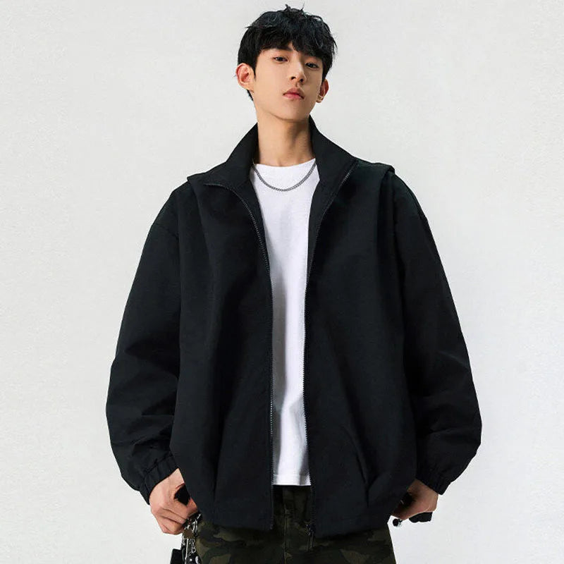 Male Hooded Jacket Solid Color Spring New High Street Drawstring Casual Zipper Tide Style Men's Jackets American 9W1241