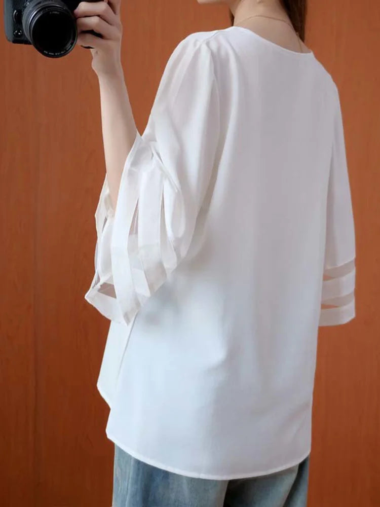 Women Black Mesh Spliced Big Size Elegant T-shirt New V-Neck Three-quarter Sleeve Fashion Tide Spring Autumn 2025 1DJ0335