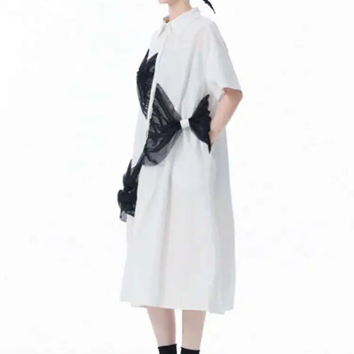 Load image into Gallery viewer, Women White Mesh Bow Color-block Big Size Shirt Dress New Lapel Short Sleeve Fashion Tide Spring Summer 2025 1DJ0048
