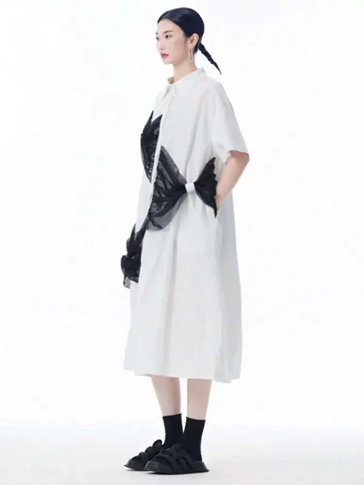 Women White Mesh Bow Color-block Big Size Shirt Dress New Lapel Short Sleeve Fashion Tide Spring Summer 2025 1DJ0048