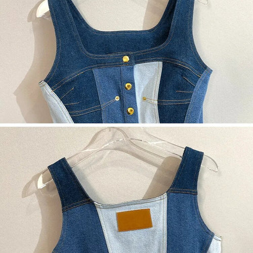 Load image into Gallery viewer, Denim Tank Tops For Women Square Collar Sleeveless Tunic Patchwork Button Split Off Shoulder Vest Female Fashion
