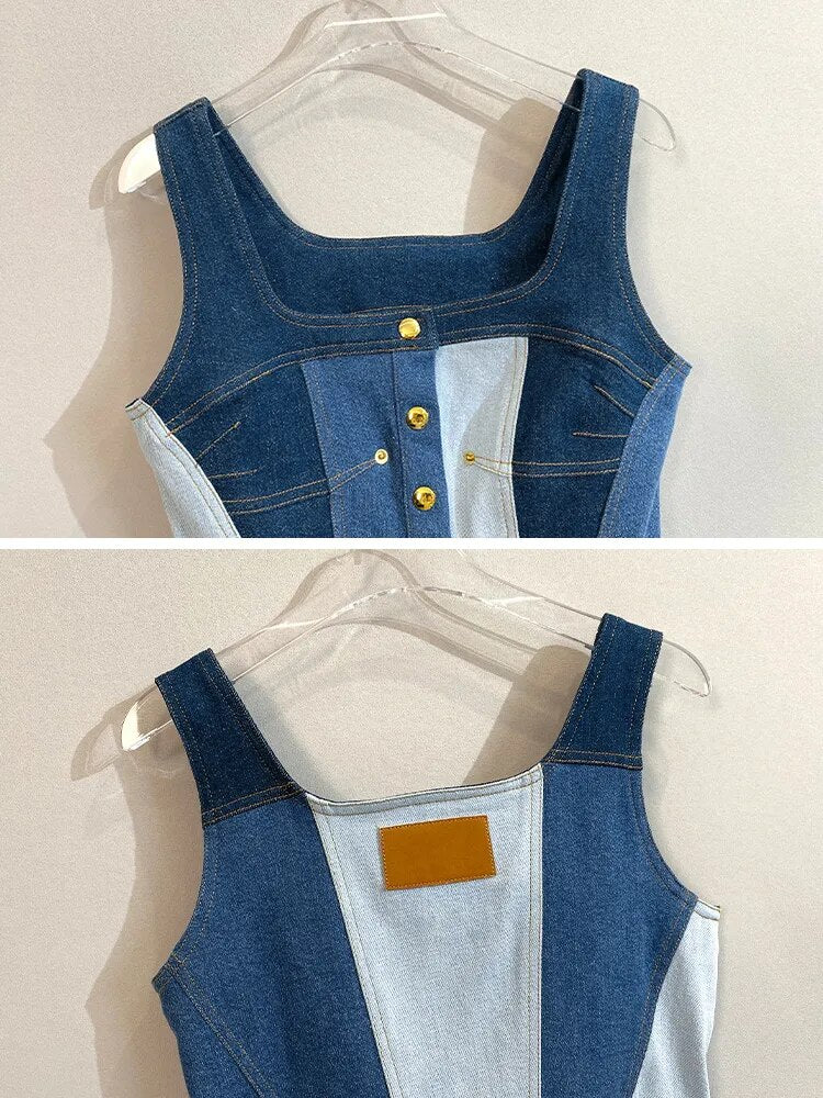 Denim Tank Tops For Women Square Collar Sleeveless Tunic Patchwork Button Split Off Shoulder Vest Female Fashion