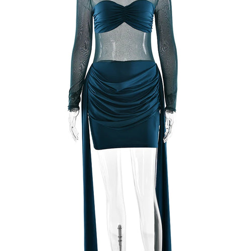 Load image into Gallery viewer, Mesh Patchwork Elegant Women Mini Dress Autumn Sexy Ribbons Long Sleeve Ruched Package Hip Bodycon Dresses Partywear Robe
