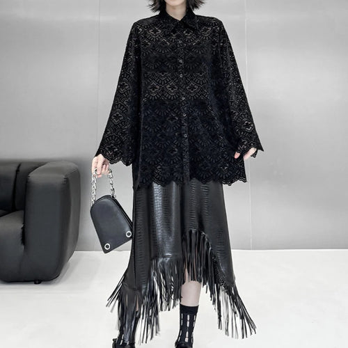 Load image into Gallery viewer, Women Black Lace Hollow Out Big Size Elegant Blouse New Lapel Long Flare Sleeve Shirt Fashion Spring Autumn 2025 1DH9271
