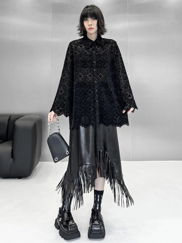 Women Black Lace Hollow Out Big Size Elegant Blouse New Lapel Long Flare Sleeve Shirt Fashion Spring Autumn 2025 1DH9271