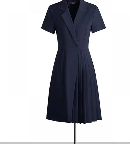 Korean Solid Office Professional Workwear Blazer Dress For Women 2024 Summer Short Sleeve High Waist Vacation Pleated Midi Dress