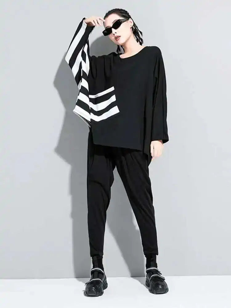 Women Black Striped Irregular Big Size Casual T-shirt New Round Neck Long Sleeve Fashion Tide Spring Autumn 2025 1DF5282