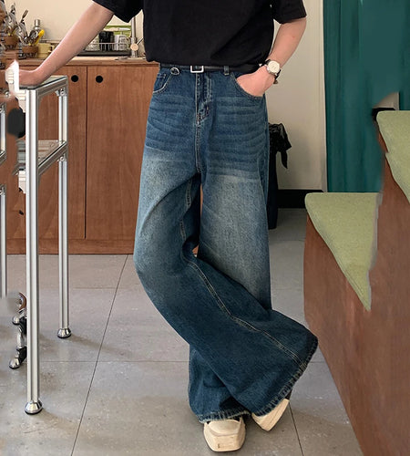 Men's Jeans New Fashion Loose Solid Color Straight Leg Washed Denim Pants Casual Floor Length Trousers Men Clothing 9W1421