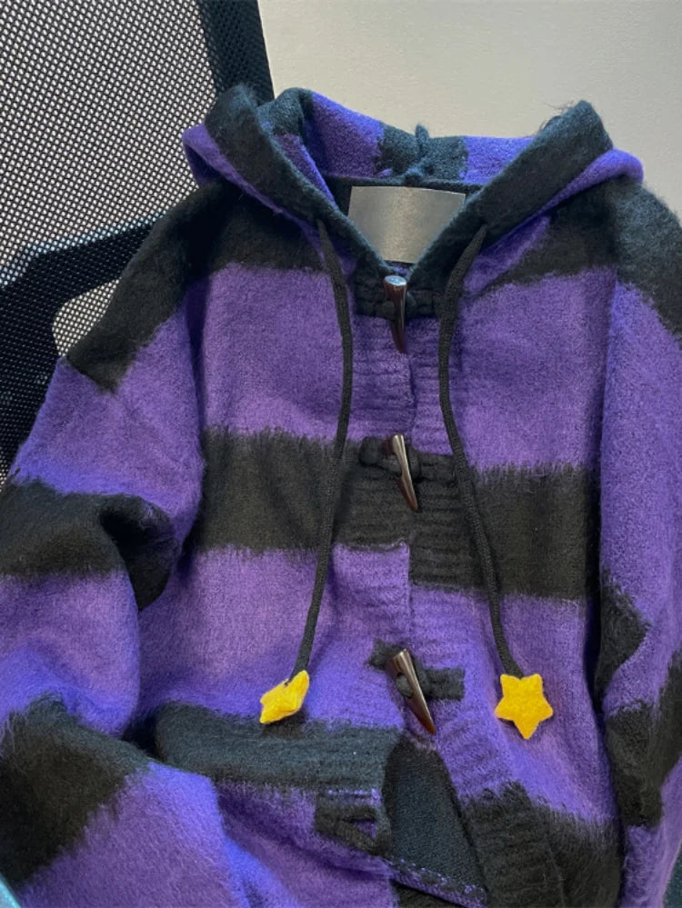 Y2k Aesthetic Star Patchwork Cardigan Femme Striped Vintage Pull  2025 Spring Mohair Harajuku Hooded Fashion Women Sweaters