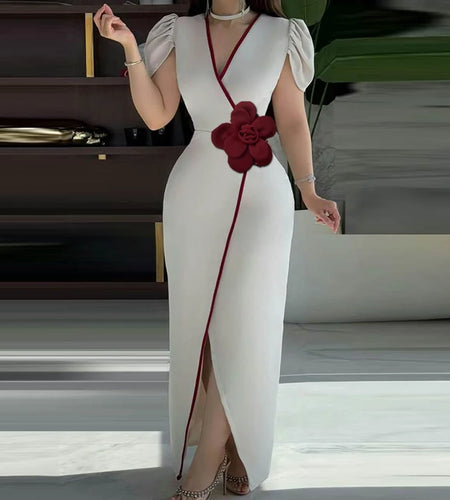 Evening Banquet Summer Dress Woman 2025 New Floral V-neck Short Sleeves Cocktail Party Long Dresses Sexy Outfits Women