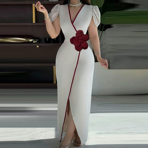 Load image into Gallery viewer, Evening Banquet Summer Dress Woman 2025 New Floral V-neck Short Sleeves Cocktail Party Long Dresses Sexy Outfits Women
