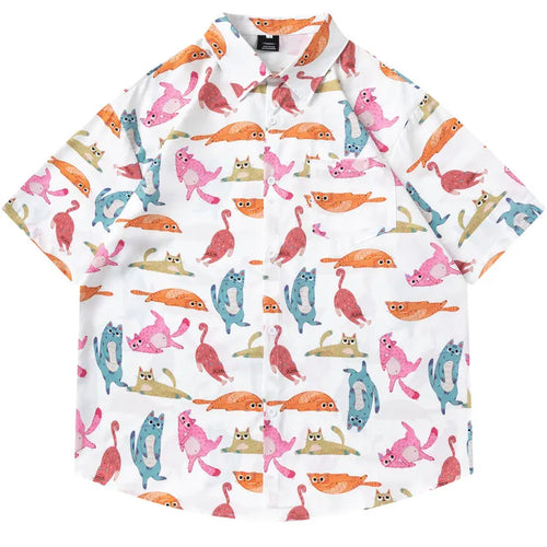 Load image into Gallery viewer, Hawaiian Shirts Streetwear Funny Cartoon Cat Graphic Printed Button Blouse Hip Hop Harajuku Baggy Short Sleeve Summer Beach Tops
