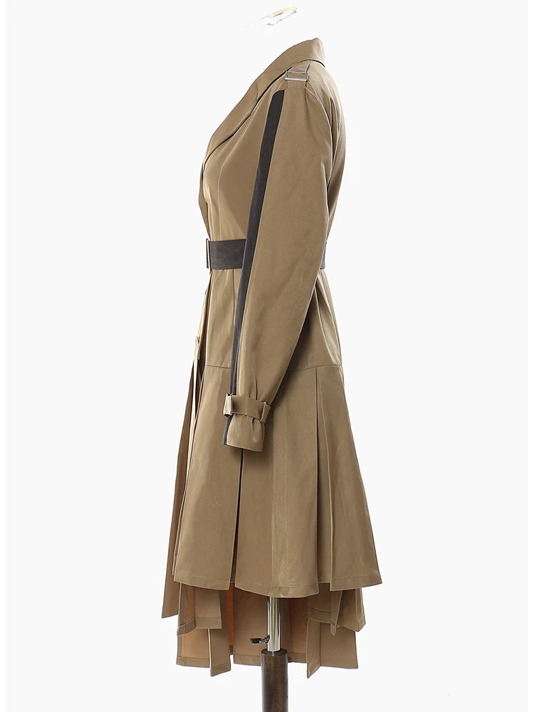 Women Khaki Pleated Big Size Long Trench New Lapel Long Sleeve Loose Fit Windbreaker Fashion Spring Autumn 2025 1DF2737