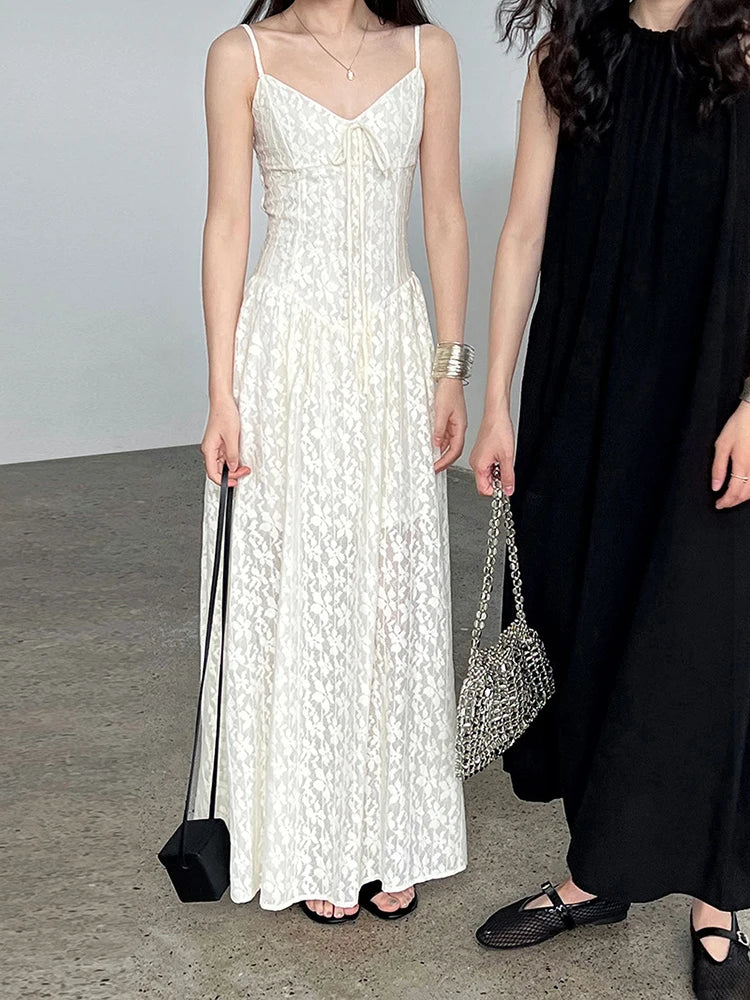 Women Green Printed Bandage Long Spaghetti Strap Dress New V-Neck Sleeveless Fashion Tide Spring Summer 2025 1DJ1311