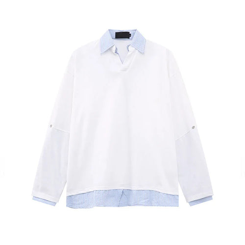 Load image into Gallery viewer, Men&#39;s T-shirts New Style Fake Two-piece Patchwork Contrast Color Splicing Lapel Long Sleeved Loose Top Summer 9W1603
