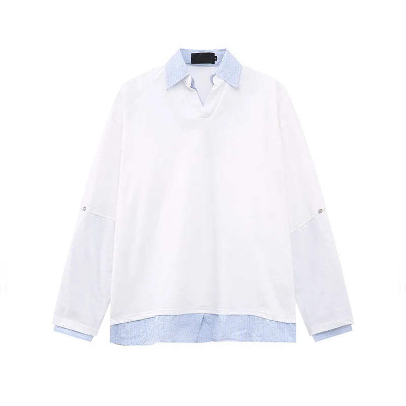 Men's T-shirts New Style Fake Two-piece Patchwork Contrast Color Splicing Lapel Long Sleeved Loose Top Summer 9W1603