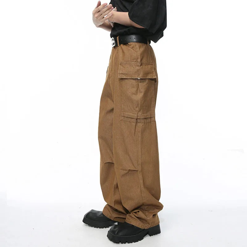 Men's Cargo Pants Summer New High Street Pocket Straight Leg Jeans Fashion Loose Zipper Male Trousers Solid Color 9C5293