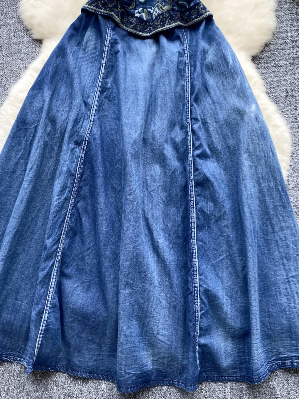 Vintage Chinese Style Summer Blue Embroidery Denim Long Dress Women Stand Neck Elegant Short Sleeve Festival Party Evening Dress