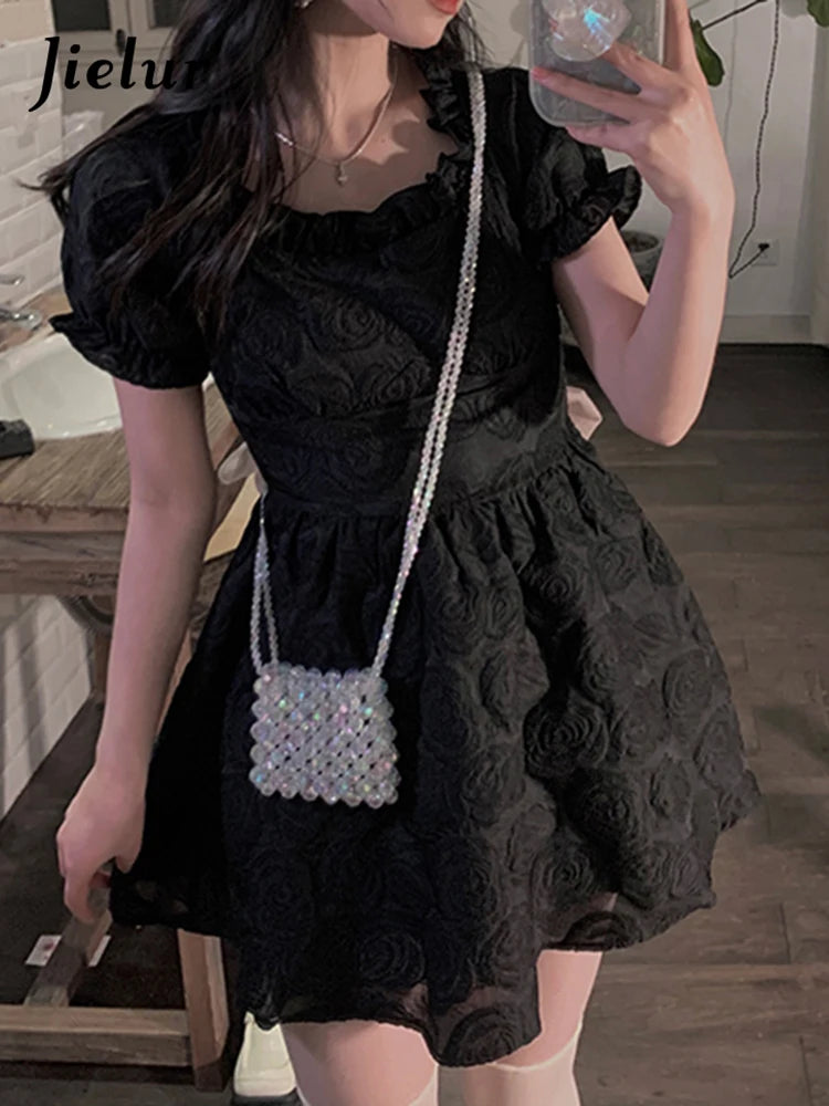 Lace-up Bow Slim Waist Women's Dresses Rose Print Summer Black Puff Sleeve Female Dress High Street Party Club Dresses