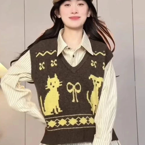 Load image into Gallery viewer, Preppy Style Sleeveless Sweater Vest Casual Vintage V-neck Pullovers Y2k Aesthetic Women Streetwear Cartoon Knitwear Waistcoat
