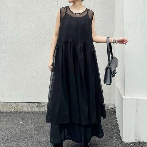 Load image into Gallery viewer, Women Black Mesh Perspective Pleated Big Size Elegant Dress New Round Neck Sleeveless Fashion Spring Summer 2025  1DH5841
