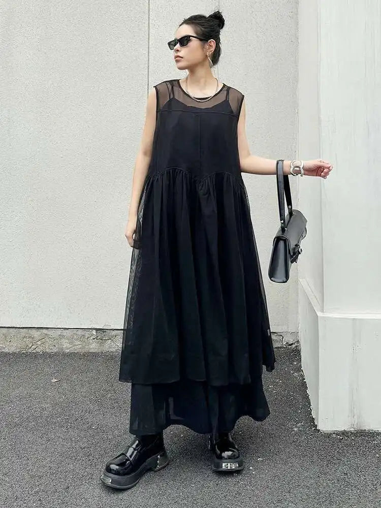Women Black Mesh Perspective Pleated Big Size Elegant Dress New Round Neck Sleeveless Fashion Spring Summer 2025  1DH5841