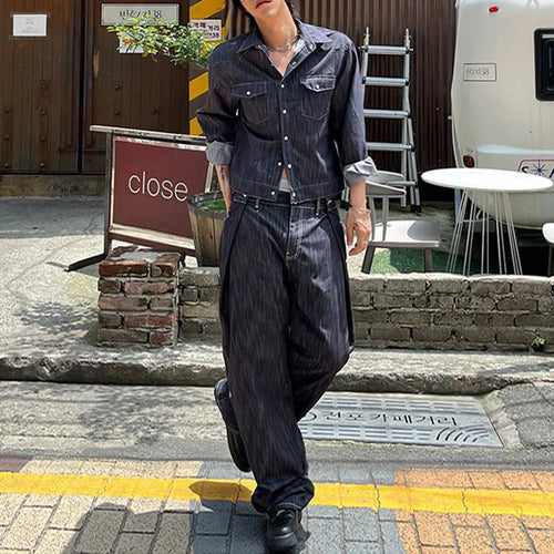 Load image into Gallery viewer, Niche Design Men&#39;s Two-piece Sets Turn-down Collar Single Breasted Denim Jackets Straight Wide Leg Solid Color Jeans 9C8988

