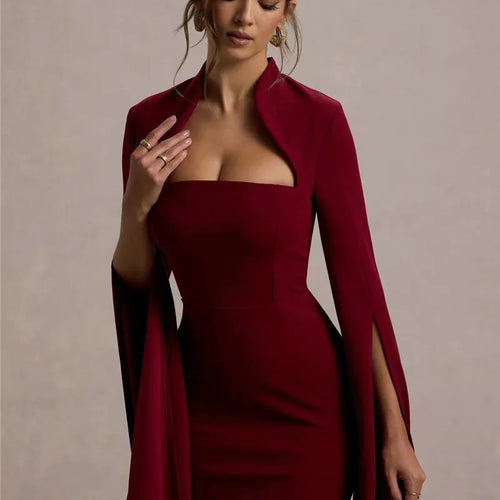 Load image into Gallery viewer, Cape Long Sleeve Sexy Midi Dress For Women Autumn Winter New Square Collar Back Slit Bodycon Club Party Long Dress
