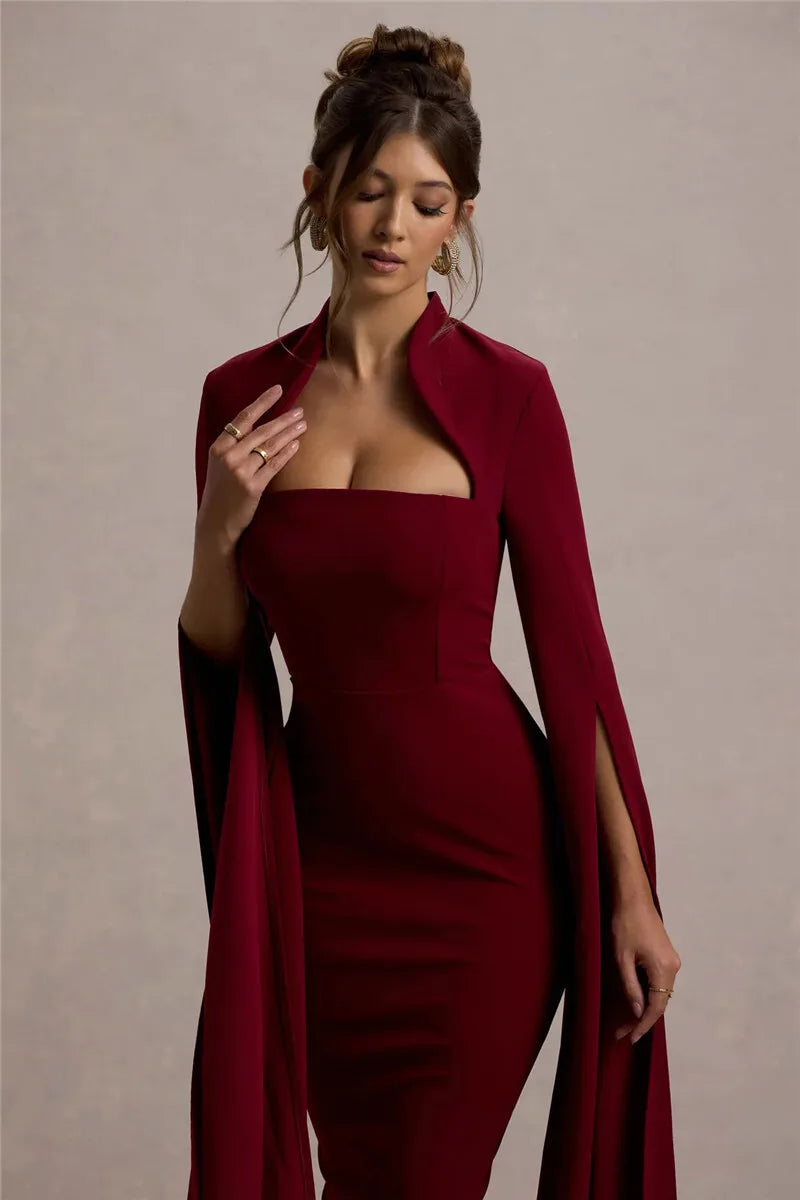 Cape Long Sleeve Sexy Midi Dress For Women Autumn Winter New Square Collar Back Slit Bodycon Club Party Long Dress
