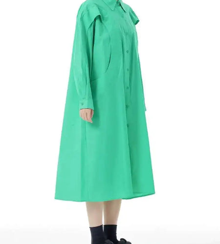 Women Green Rose Red Spliced Big Size Midi Shirt Dress New Lapel Long Sleeve Fashion Tide Spring Autumn 2025 1DH5167