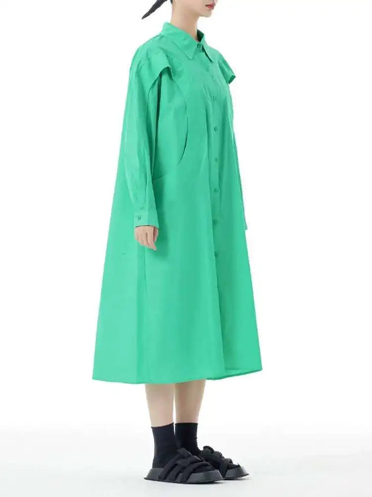 Women Green Rose Red Spliced Big Size Midi Shirt Dress New Lapel Long Sleeve Fashion Tide Spring Autumn 2025 1DH5167