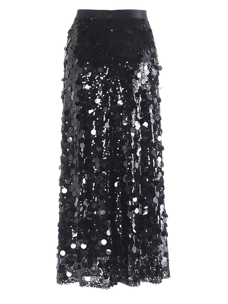 High Elastic Waist Sequins Shining Long Party Elegant Half-body Skirt Women Fashion Tide New Spring Autumn 2025 1DH9227