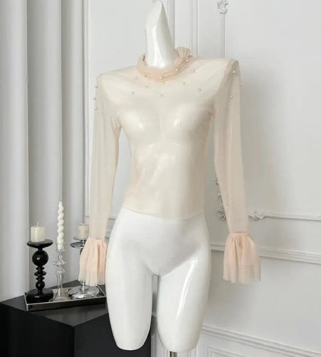 Korean Fashion Vintage 2025 Spring Elegant Two Pieces Set Women Beige Mesh Pearl Long Sleeved Tops + Pink Short Slip Dress Trend