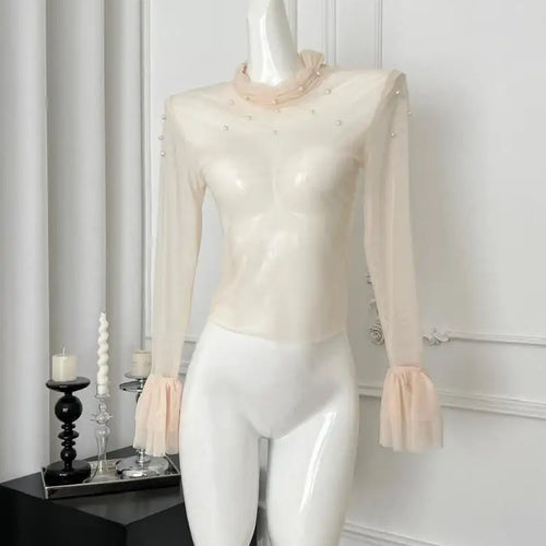 Load image into Gallery viewer, Korean Fashion Vintage 2025 Spring Elegant Two Pieces Set Women Beige Mesh Pearl Long Sleeved Tops + Pink Short Slip Dress Trend
