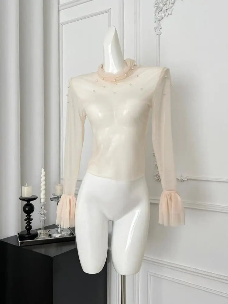 Korean Fashion Vintage 2025 Spring Elegant Two Pieces Set Women Beige Mesh Pearl Long Sleeved Tops + Pink Short Slip Dress Trend