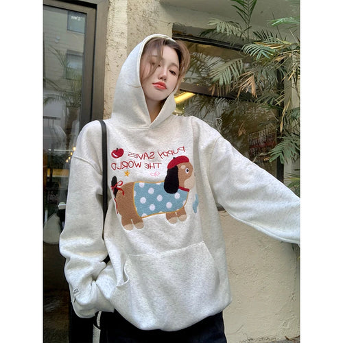 Load image into Gallery viewer, Autumn Winter New Grey Letter Puppy Embroidery Velvet Sweatshirt Thick Korean Women Loose Long Sleeved Vacation Hoodie Tops Chic
