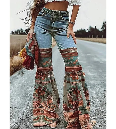 Womens Jeans Pants Autumn Winter Blue Vintage Floral Printed Bottoms with Pockets Woman High-Waisted Flared Pants