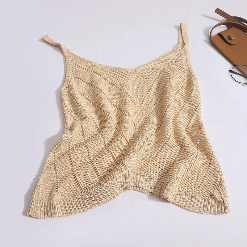 Solid Sexy Hollow Out V Neck Bow Slip Tank Tops Summer Women Sleeveless Holiday Short Vest Casual Street Clothes Fashion Casual