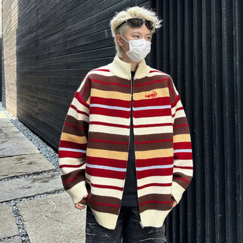 Load image into Gallery viewer, American Sweater Cardigan Jacket Men&#39;s Spring Versatile Loose Striped Couple Zipper Knitted Sweater 2025 Turtleneck 9C9259
