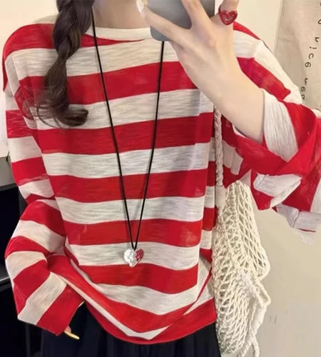 Striped Top Women y2k Clothes Basic Round Neck Long Sleeve Cross Backless Loose Fit T Shirt 2000s Clothing Streetwear