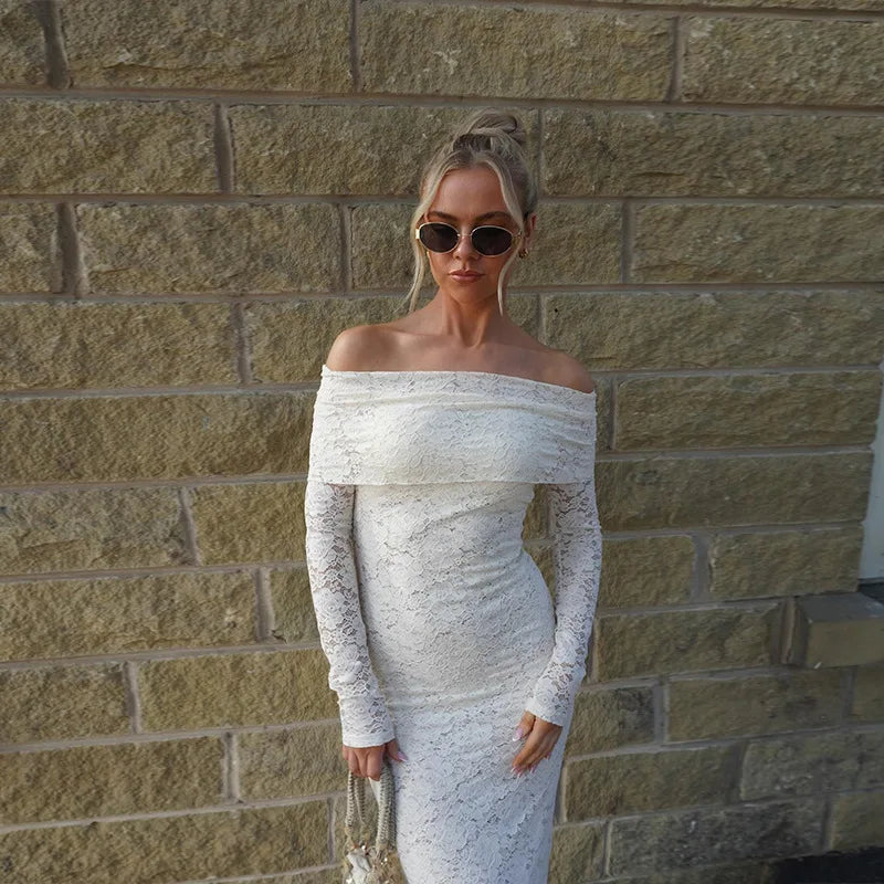 Lace Off-shoulder Sexy Maxi Dress For Women White Strapless Long Sleeve Backless Bodycon Club Party Sexy Long Dress